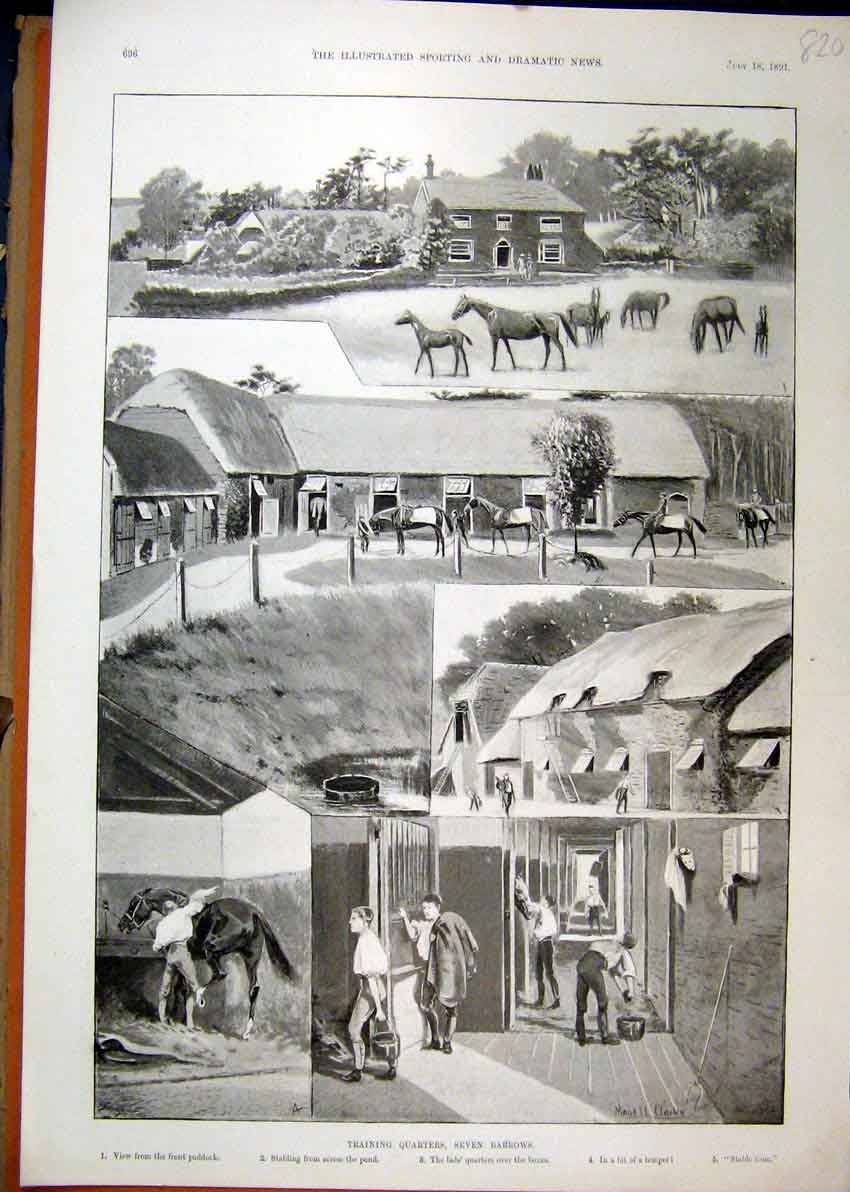 Original Old Antique Print 1891 Horse Racing Training Quarters Seven Barrows