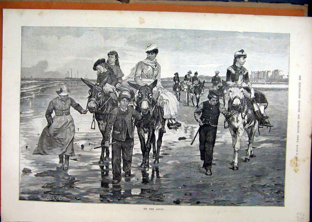 Original Old Antique Print 1888 Donkey Rides Beach Young Children Sea Scene 19th