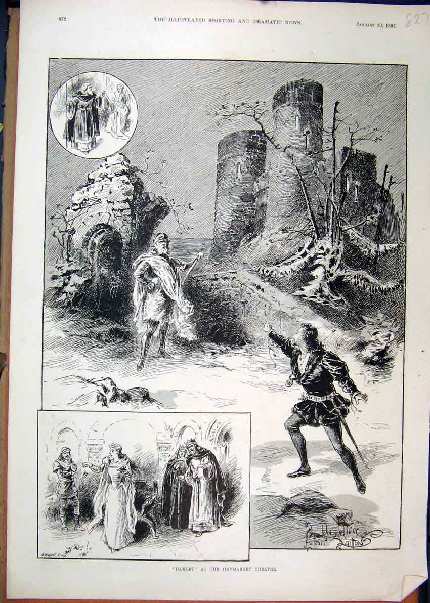 Original Old Antique Print 1892 Scene Hamlet Haymarket Theatre 19th