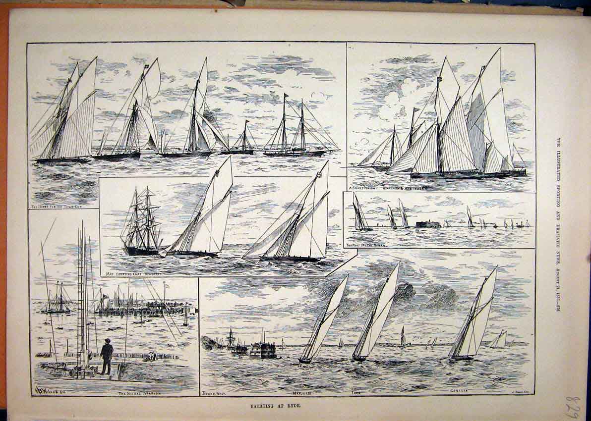 Original Old Antique Print 1886 Yachting Ryde Signal Station Town Cup Noman 19th
