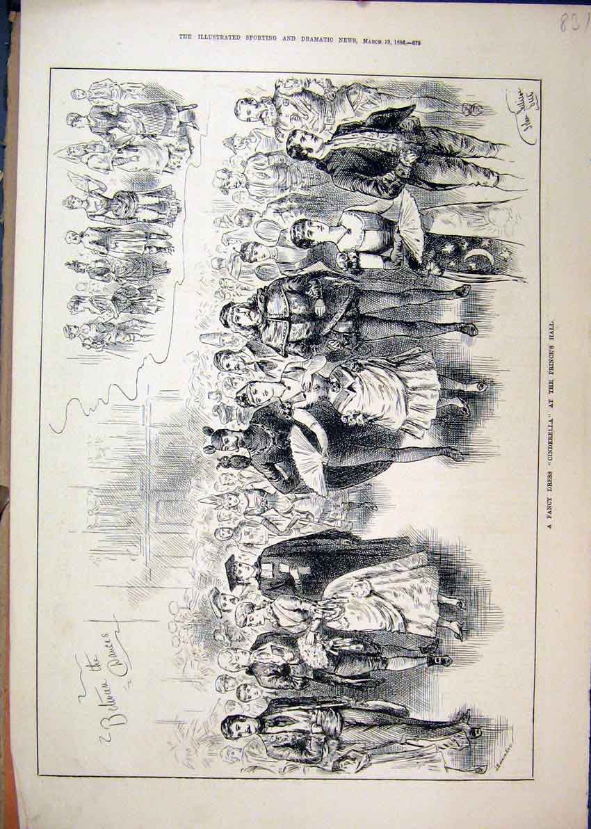 Original Old Antique Print 1886 Fancy Dress Cinderella Princes Hall Dancing 19th