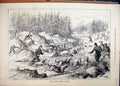 Original Old Antique Print 1884 Otter Hunting Stream Dogs Men Rocks Trees 19th
