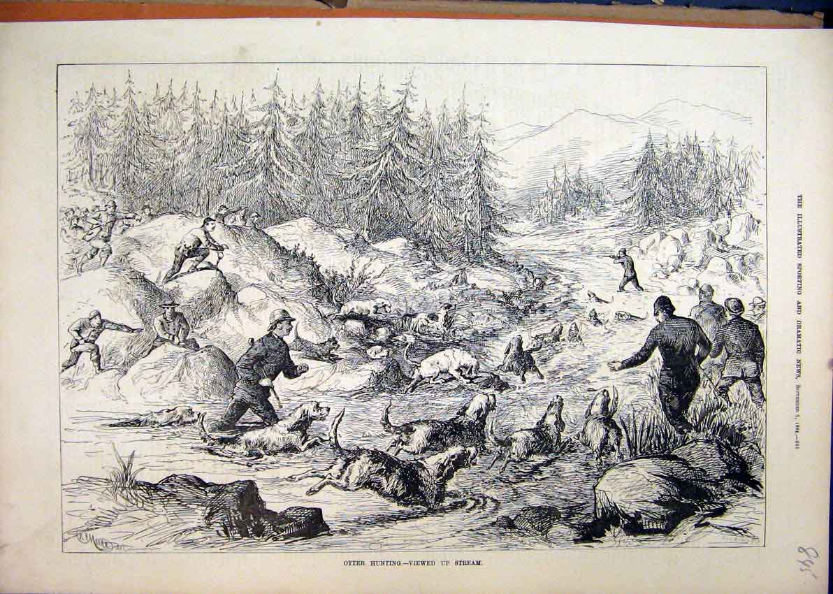 Original Old Antique Print 1884 Otter Hunting Stream Dogs Men Rocks Trees 19th