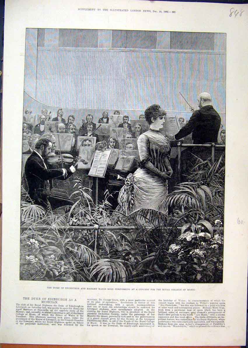 Original Old Antique Print 1882 Duke Edinburgh Marie Roze Concert Music College