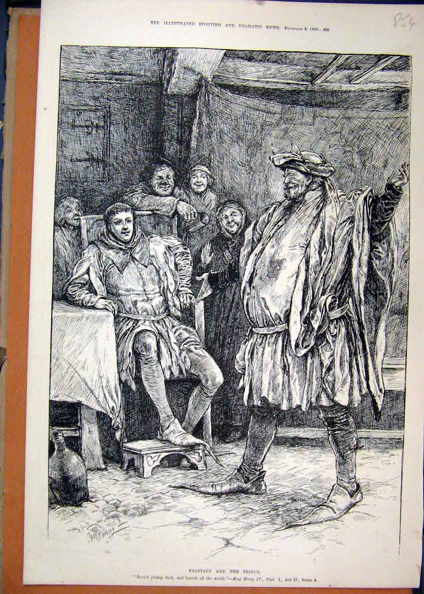 Original Old Antique Print Scene Falstaff Prince 1890 King Henry Theatre 19th
