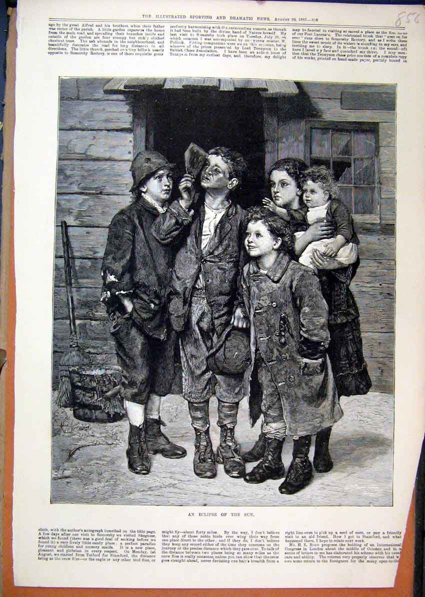 Original Old Antique Print 1887 Children Watching Eclipse Sun Fine Art Victorian