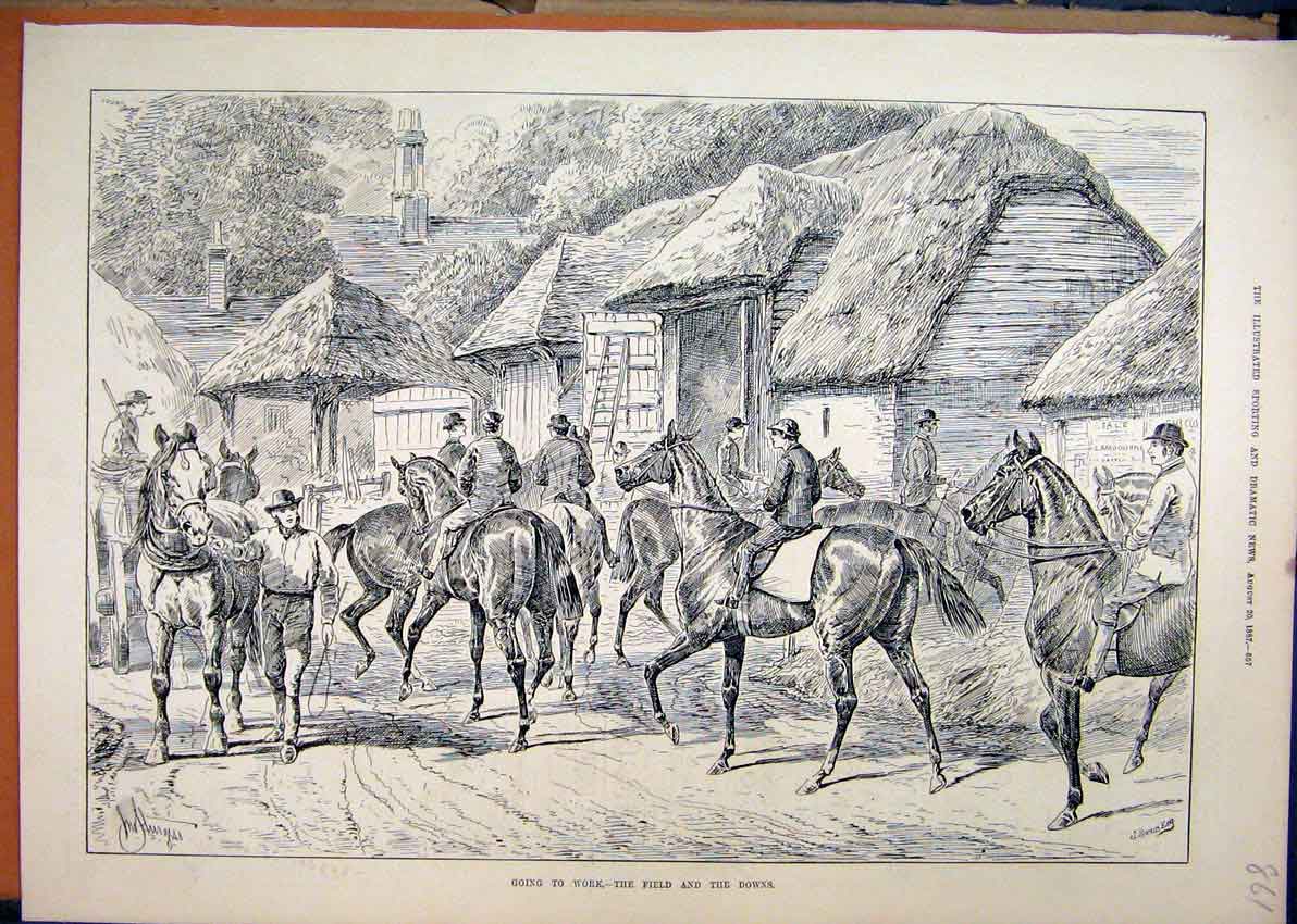 Original Old Antique Print Horses 1887 Work Field Downs Cart Farmyard Barn 19th