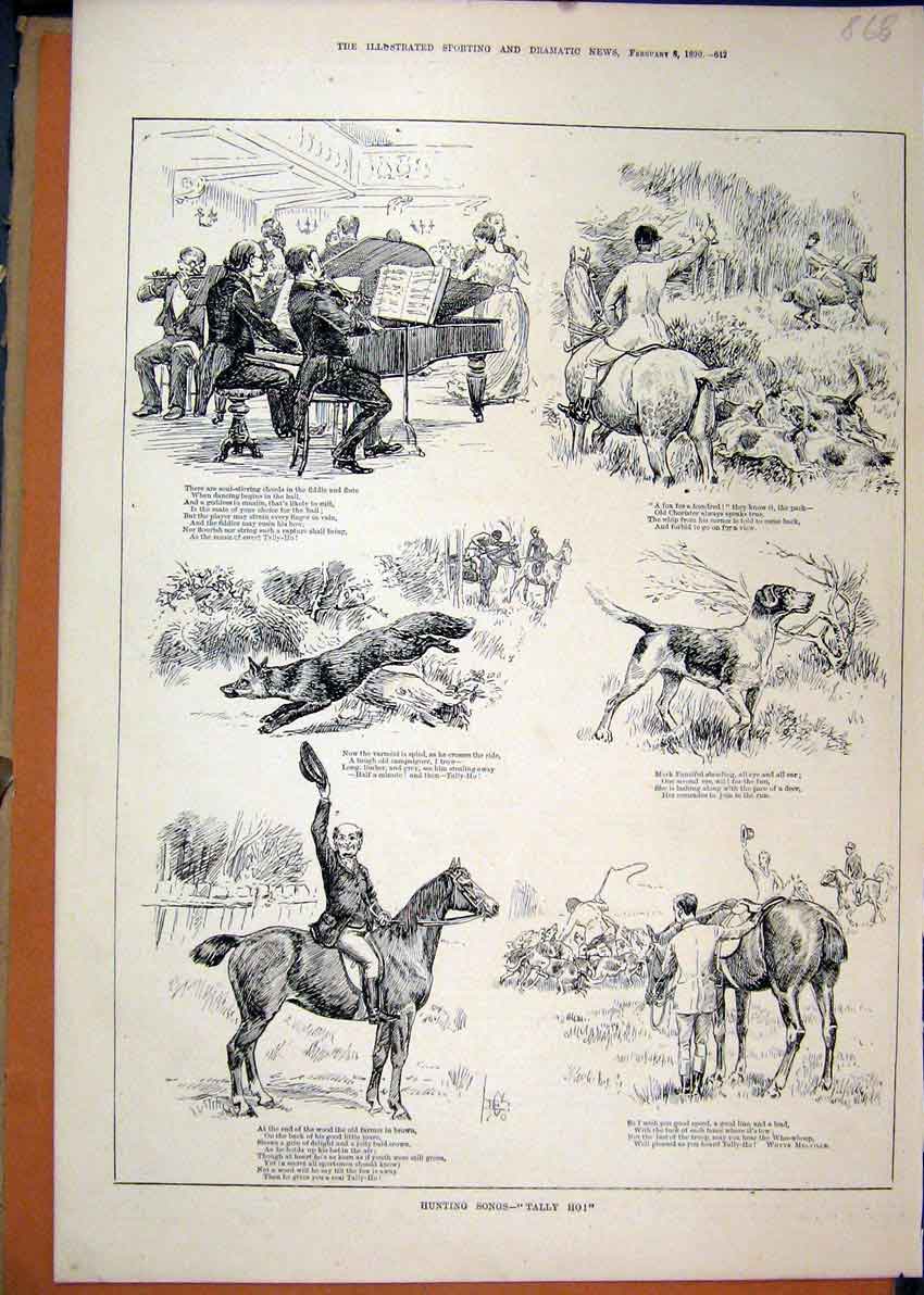 Original Old Antique Print Fox Hunting 1890 Piano Music Hounds Horses Victorian