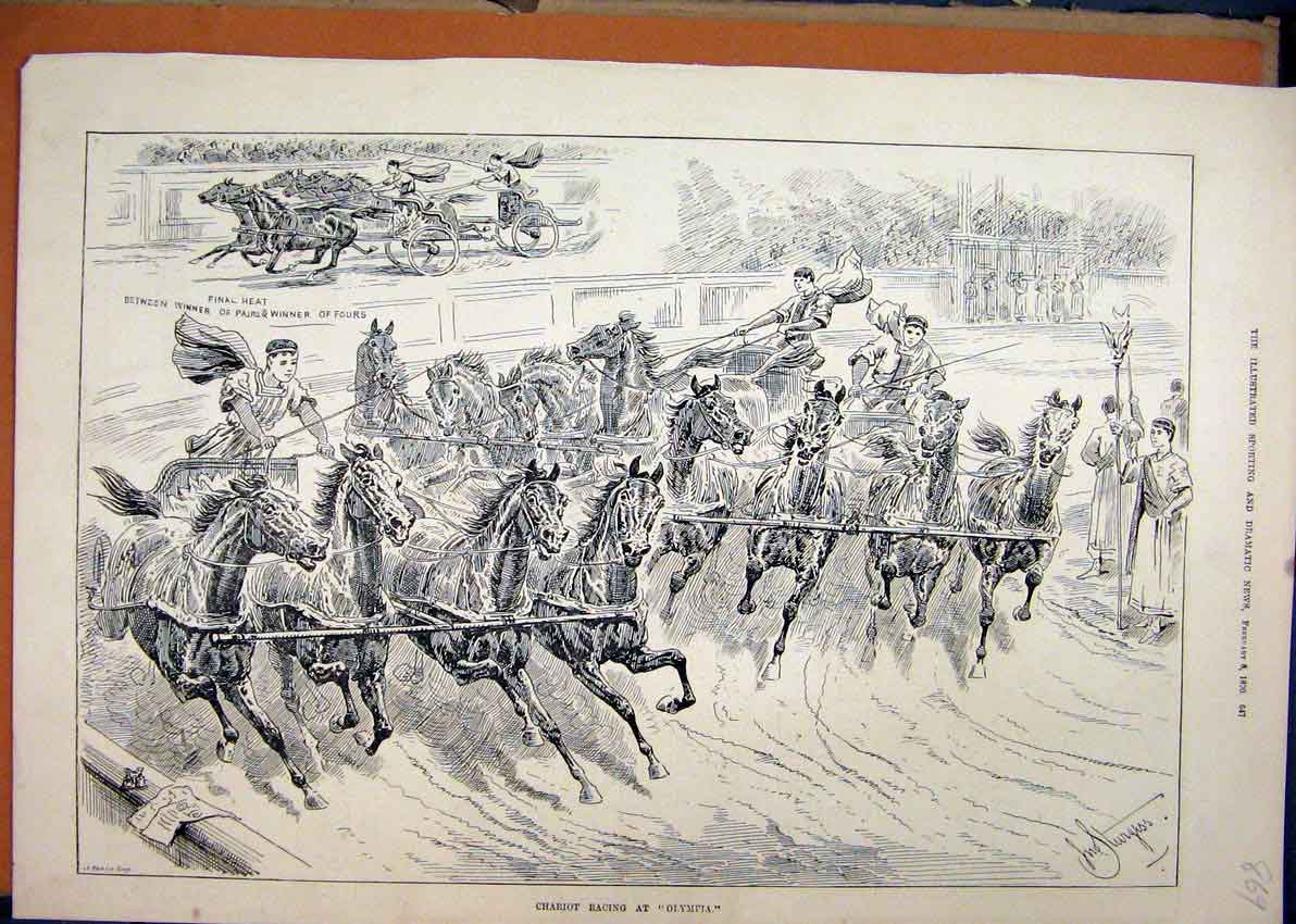 Original Old Antique Print 1890 Horses Men Chariot Racing Olympia 19th
