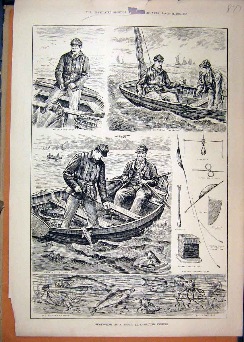 Old Antique Print 1886 Sea-Fishing Sport Men Boat Spilter Octopus Lobster 19th