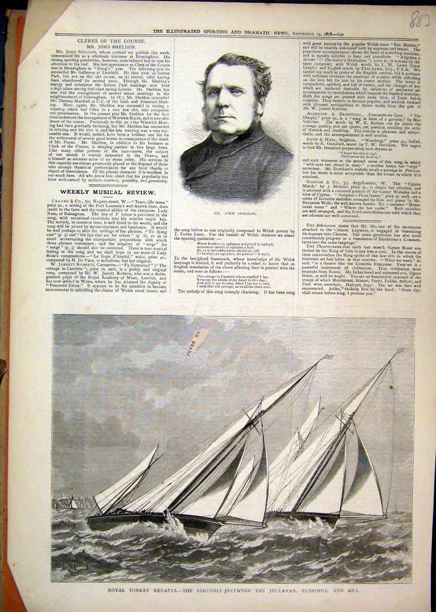 Original Old Antique Print Portrait Sheldon 1878 Royal Torbay Regatta Jullanar