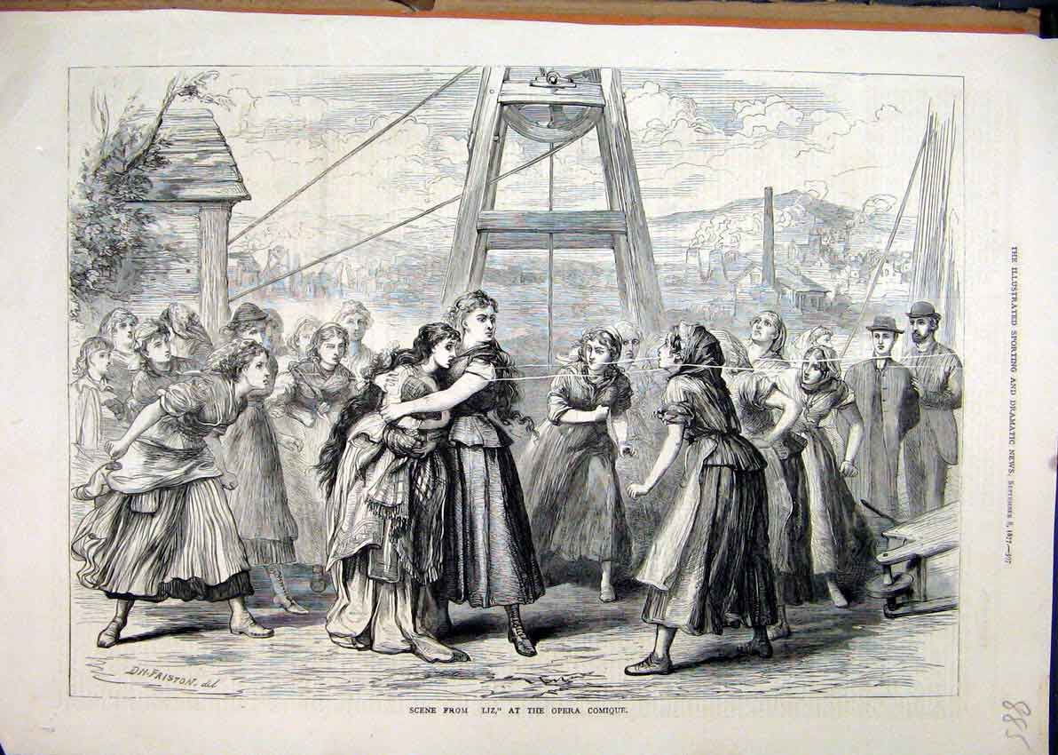 Original Old Antique Print 1877 Scene Liz Opera Comique Women Argue Victorian