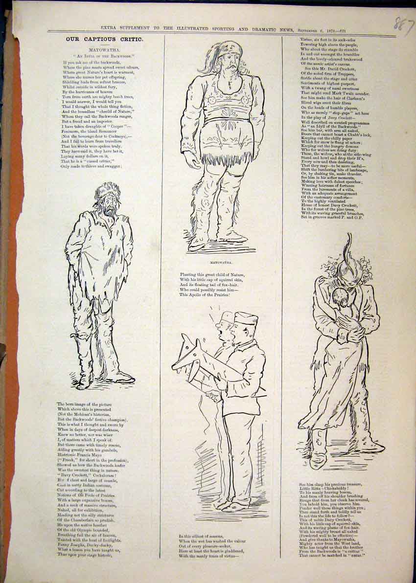 Original Old Antique Print 1879 Captions Mayowatha Tramp Romance Singing Sketch