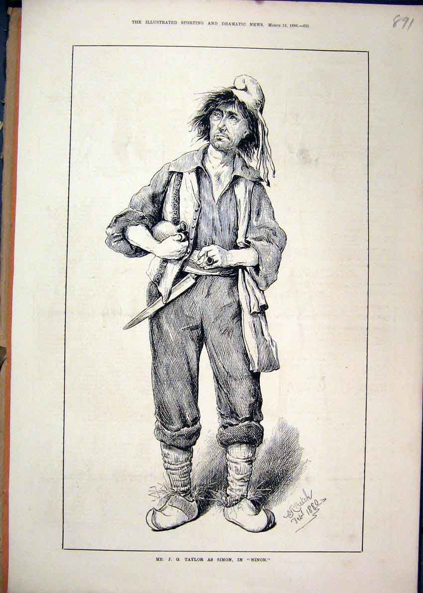 Original Old Antique Print 1880 Portrait Mr Taylor Simon Ninon Tramp Victorian