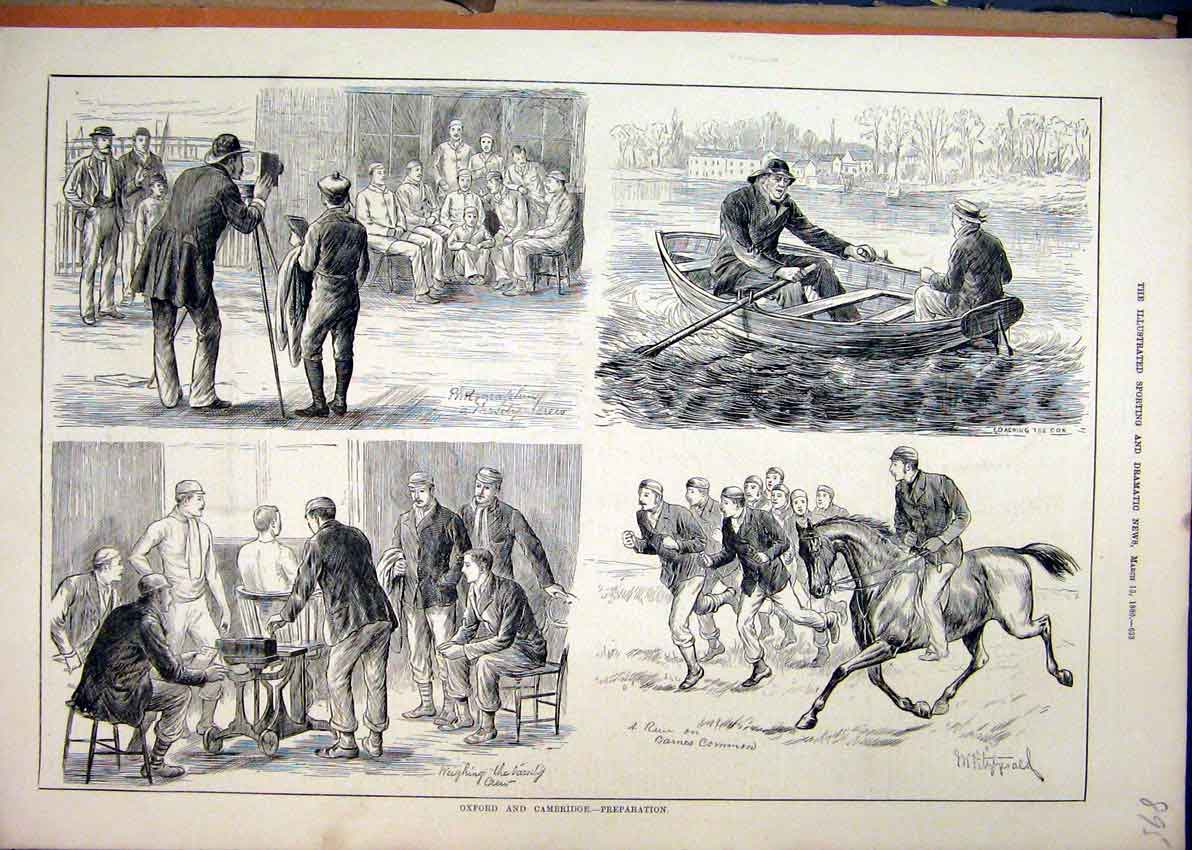 Original Old Antique Print 1880 Oxford Cambridge Preparation Boat Horse Photo