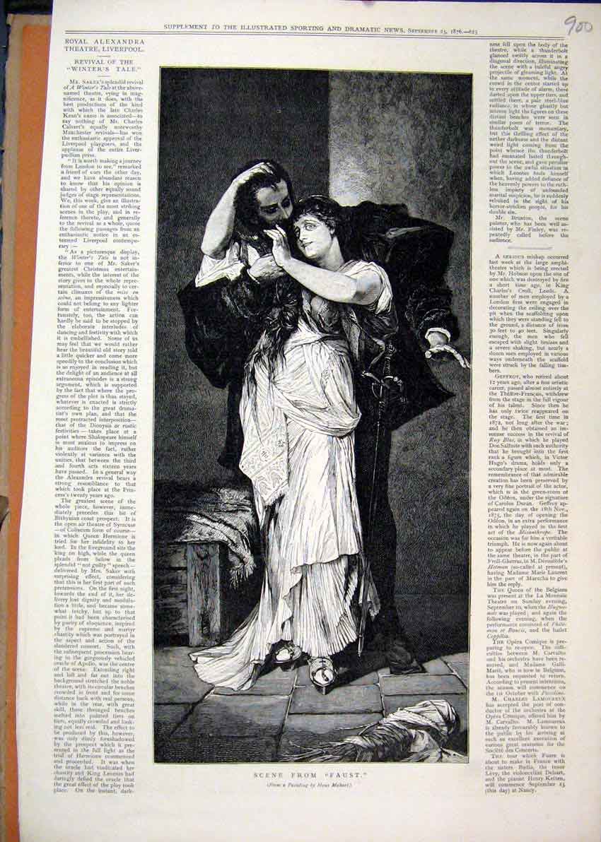 Original Old Antique Print 1876 Theatre Scene Faust Romance Fine Art Victorian