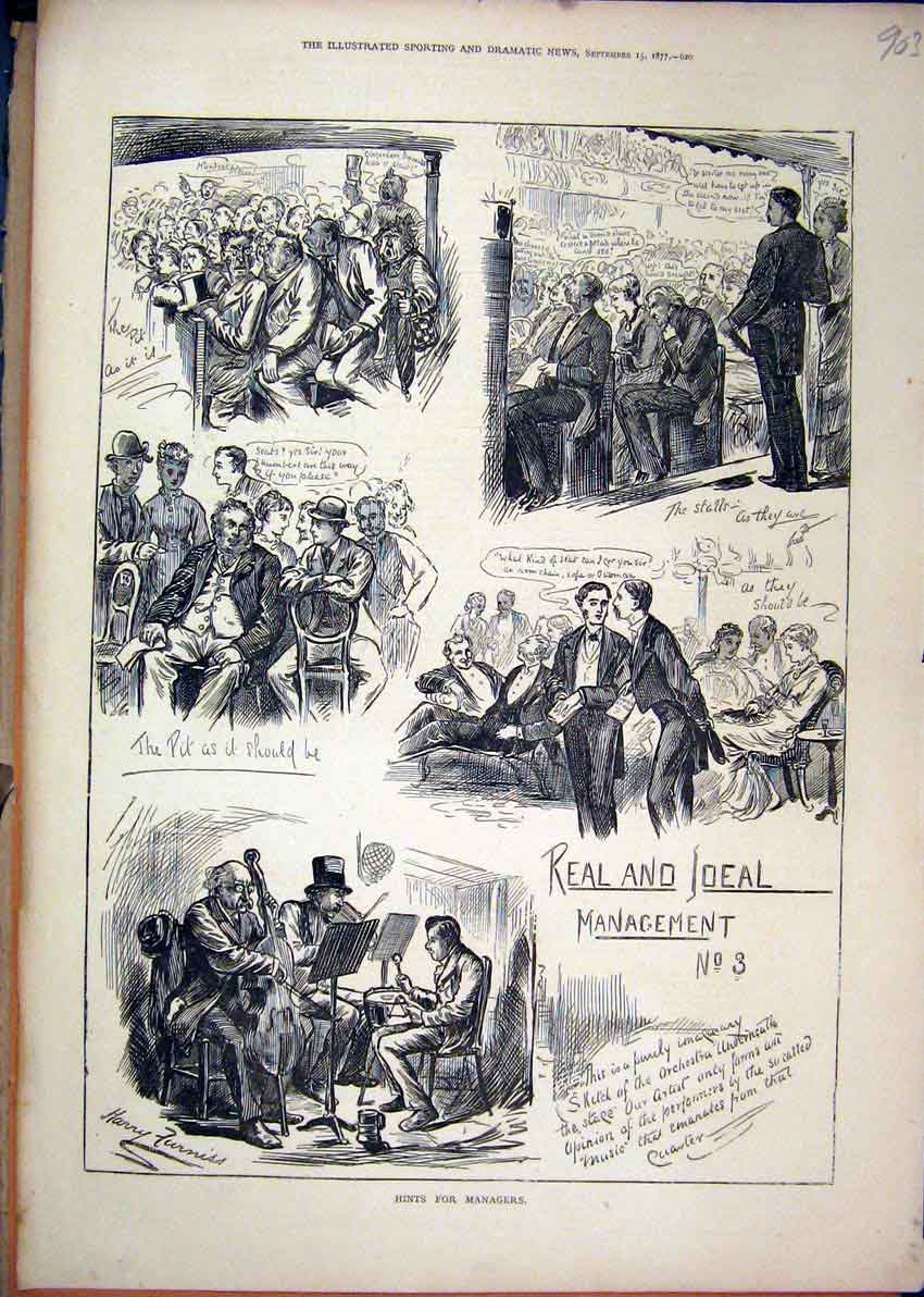 Original Old Antique Print Real Ideal Management 1877 Men Music 19th