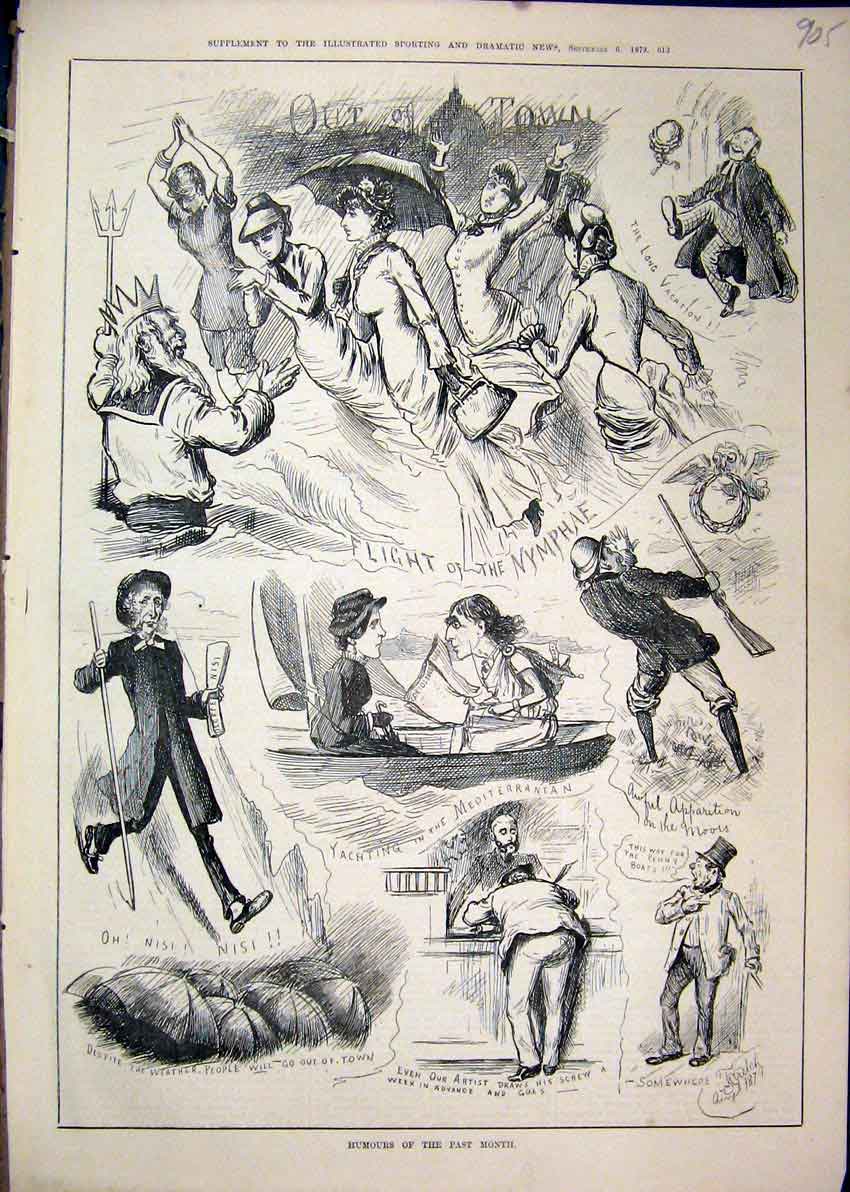 Original Old Antique Print 1879 Comedy Sketches Man Gun Women Party Umbrella