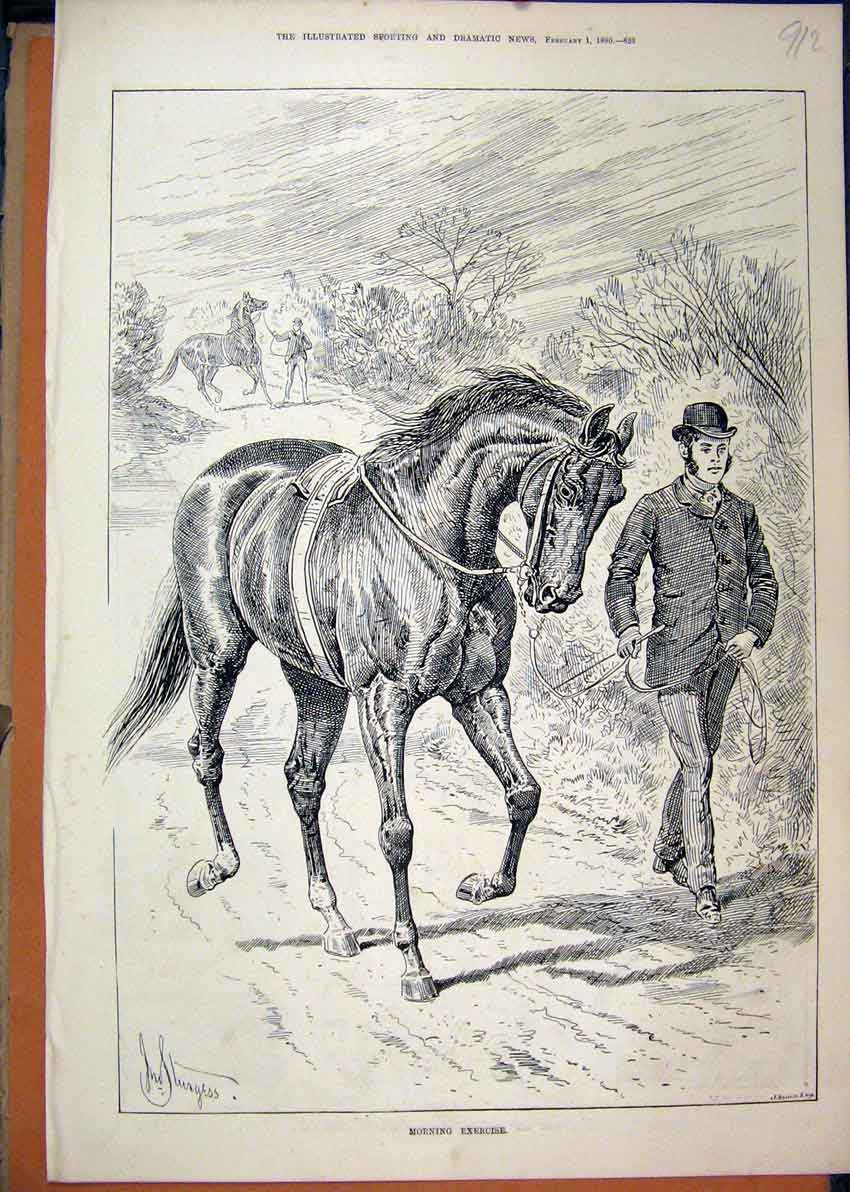Original Old Antique Print 1890 Man Leading Horse Exercising Country Lane 19th