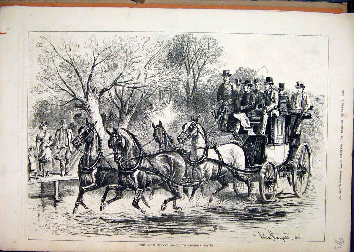 Original Old Antique Print Horses Caoch Virginia Water 1880 Country Scene 19th