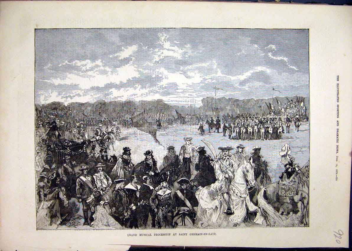 Original Old Antique Print 1879 Grand Musical Procession Saint Germain-En-Laye