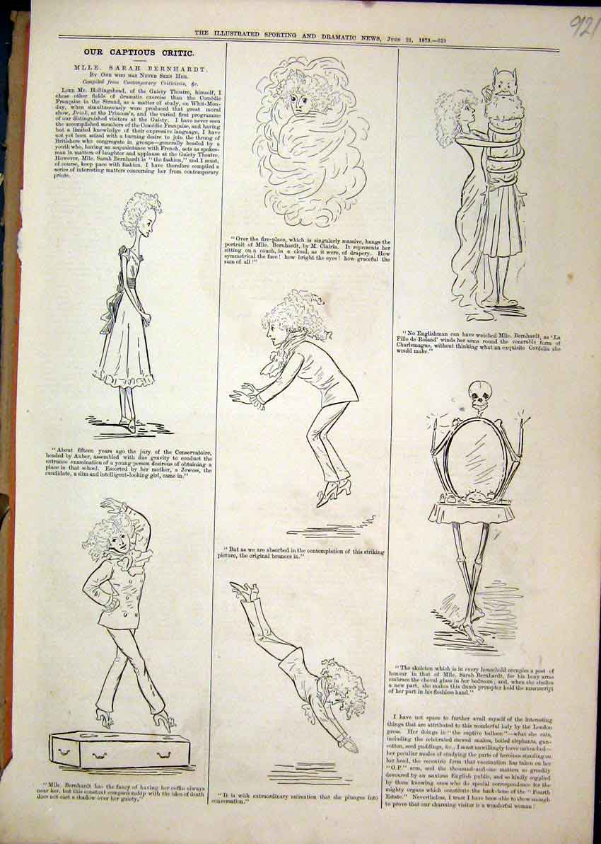 Original Old Antique Print 1879 Caption Skeleton Mirror Diving Dancing Victorian
