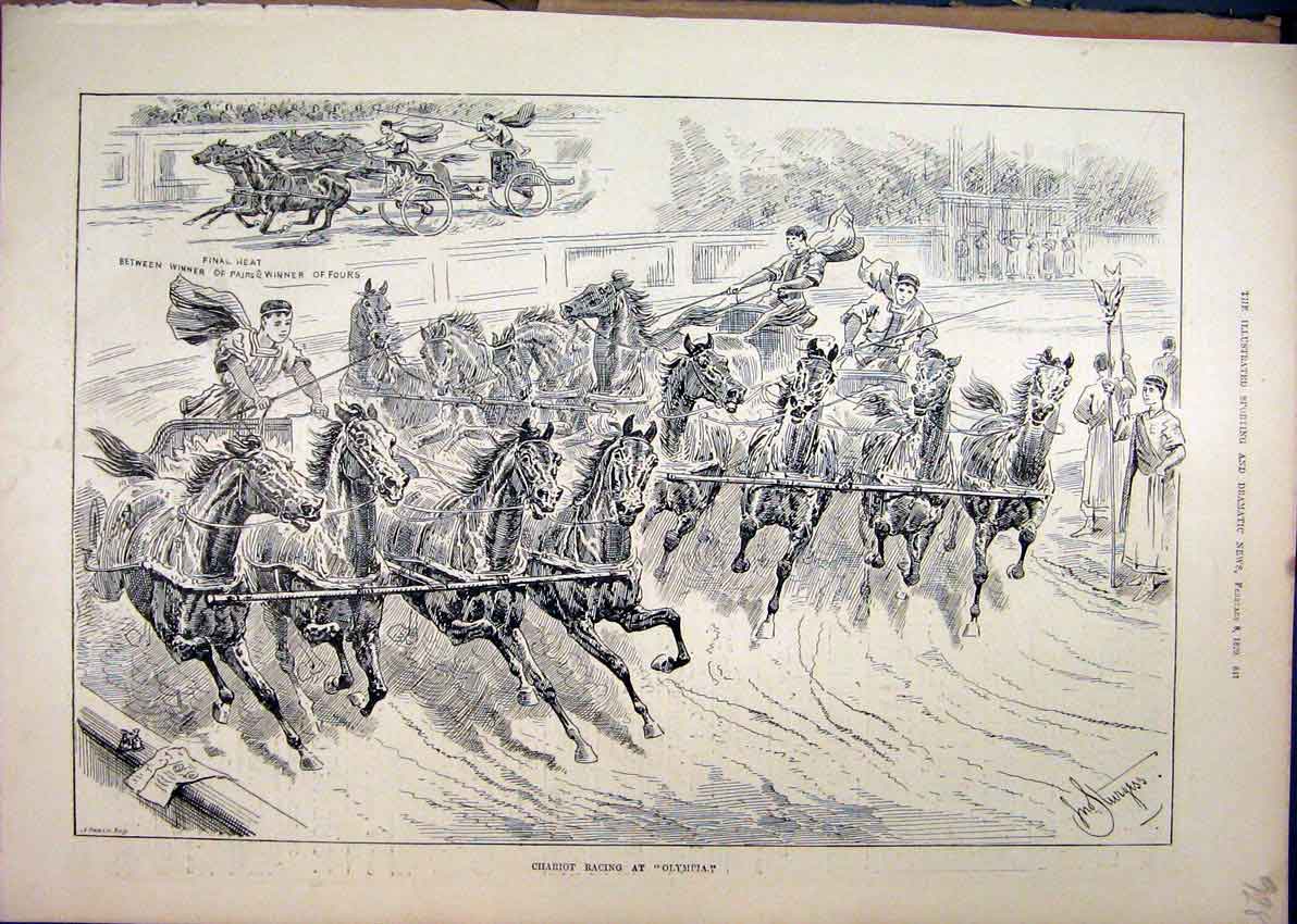 Original Old Antique Print 1890 Chariot Racing Olympia Horses Galloping Men 19th