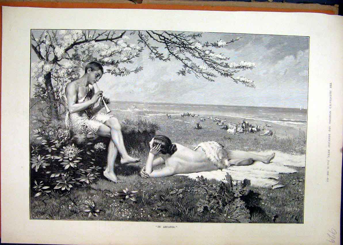 Original Old Antique Print 1890 Man Woman Music Romance Country Scene Trees Sea
