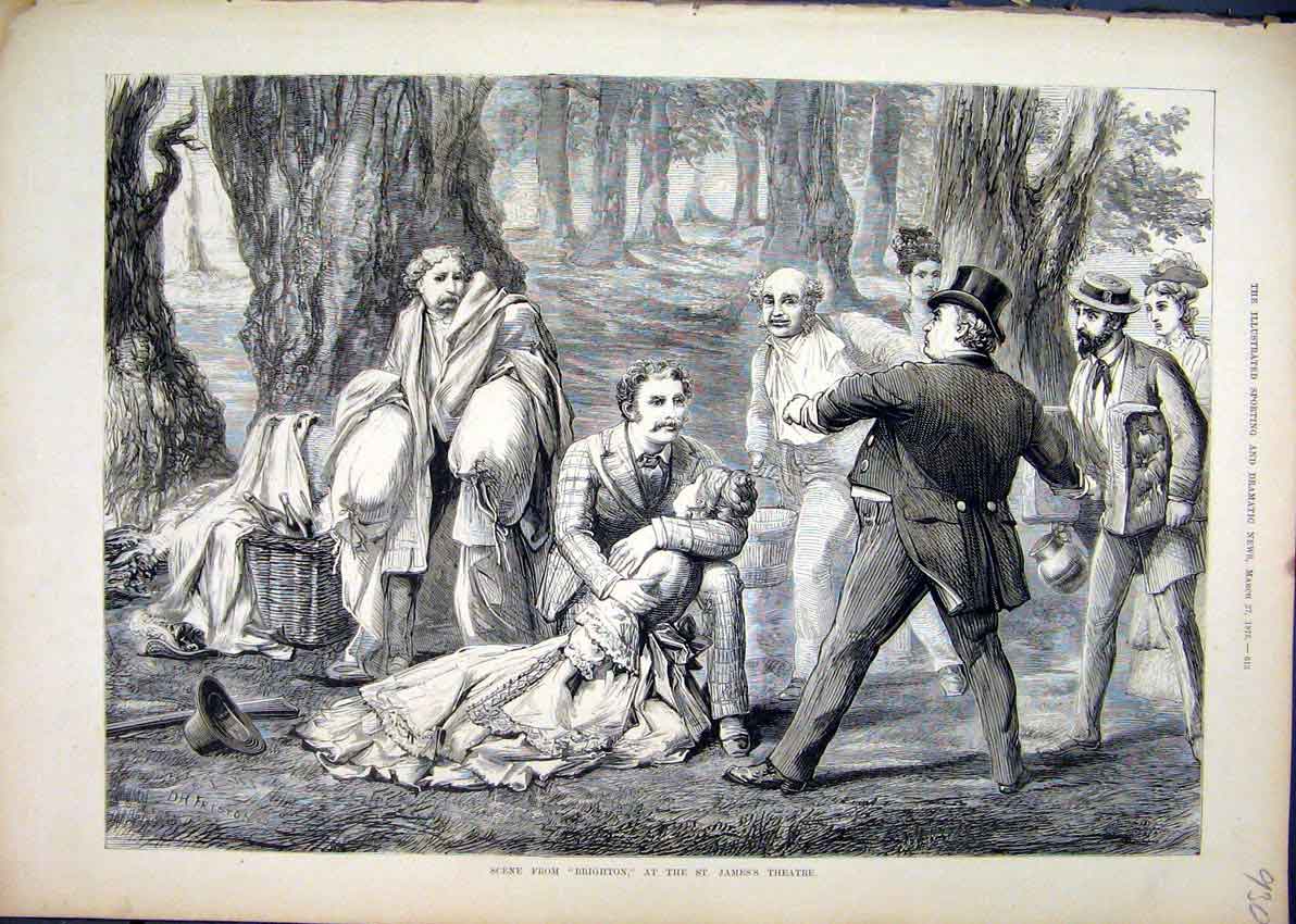 Original Old Antique Print 1875 Scene Brighton St James Theatre Woods Picnic
