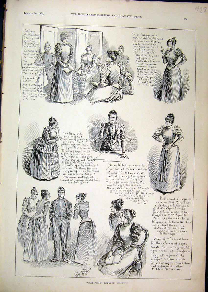 Original Old Antique Print Parish Debating Society 1892 Woman Man Fancy Dress