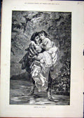 Original Old Antique Print Crossing Stream 1882 Man Carrying Woman Romance 19th