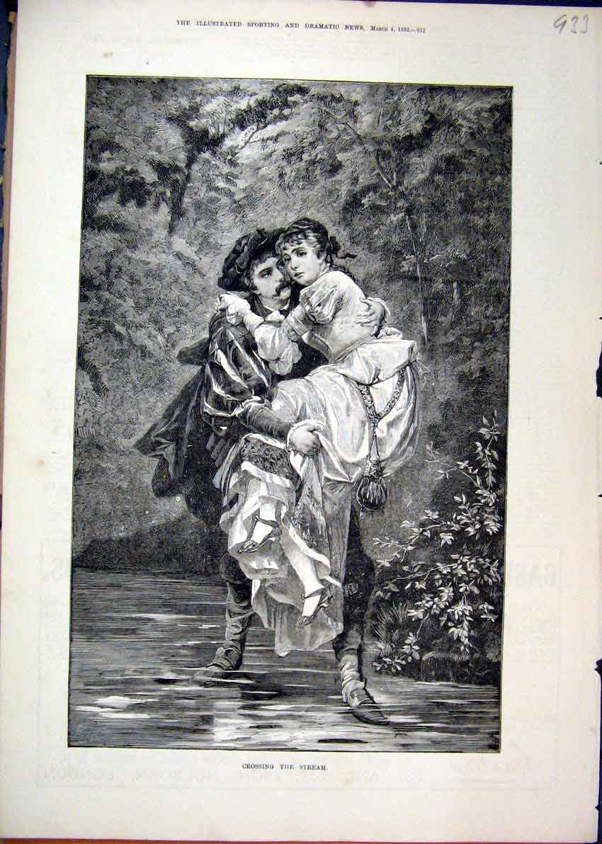 Original Old Antique Print Crossing Stream 1882 Man Carrying Woman Romance 19th