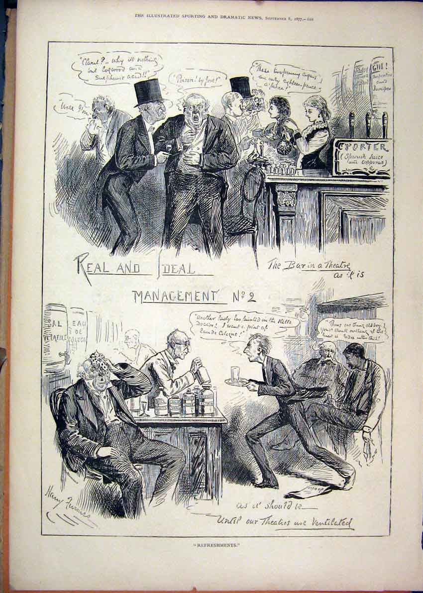 Original Old Antique Print 1877 Real Ideal Mangement Men Drinking Bar Victorian