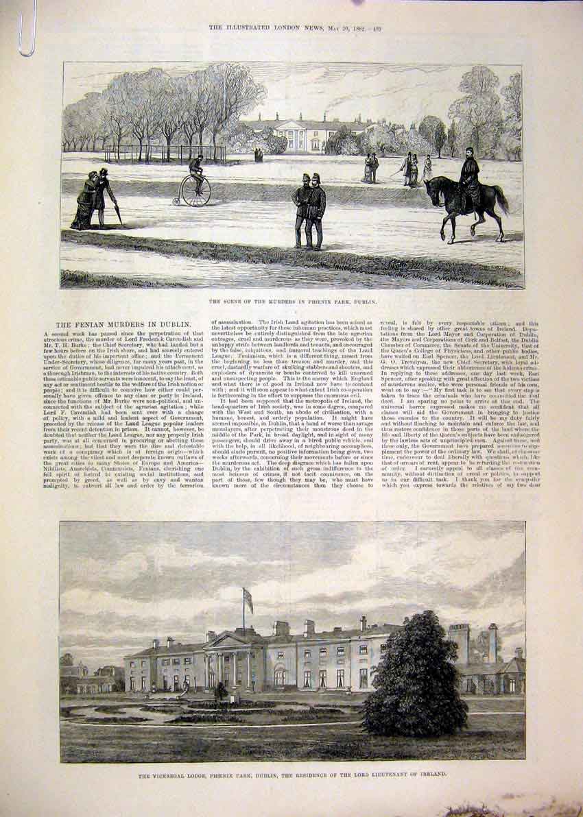 Old Antique Print 1882 Viceregal Lodge Phoenix Park Fenian Murders River 19th