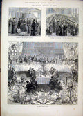 Original Old Antique Print Lord Mayor Banquet York 1873 Dinner Guildhall Flags