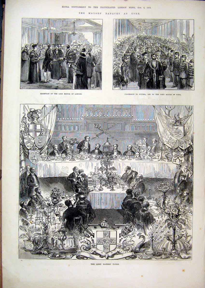 Original Old Antique Print Lord Mayor Banquet York 1873 Dinner Guildhall Flags