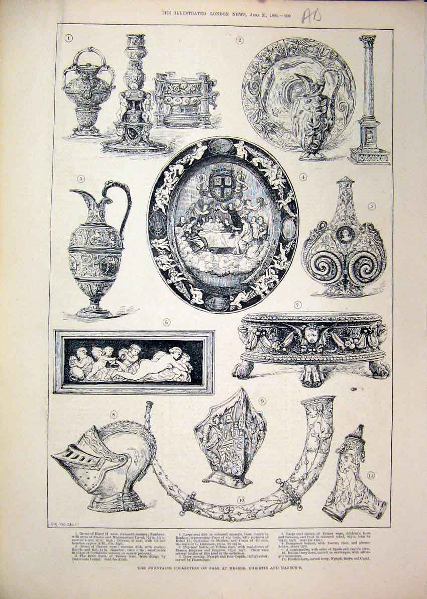 Original Old Antique Print Fountaine Christien 1884 Cistern Dish Ewer Victorian