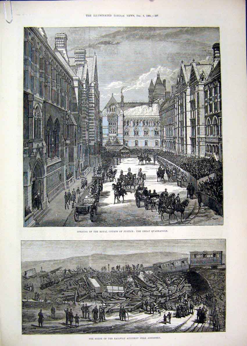 Old Antique Print Courts Quadrangle 1882 Railway Aberdeen Queen Luncheon 19th