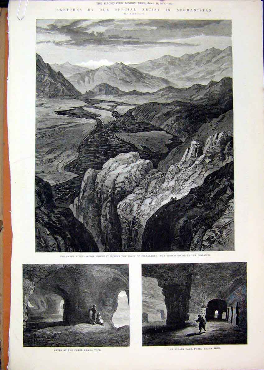 Original Old Antique Print 1879 Afghanistan Cabul River Caves Goorkha Buddhist