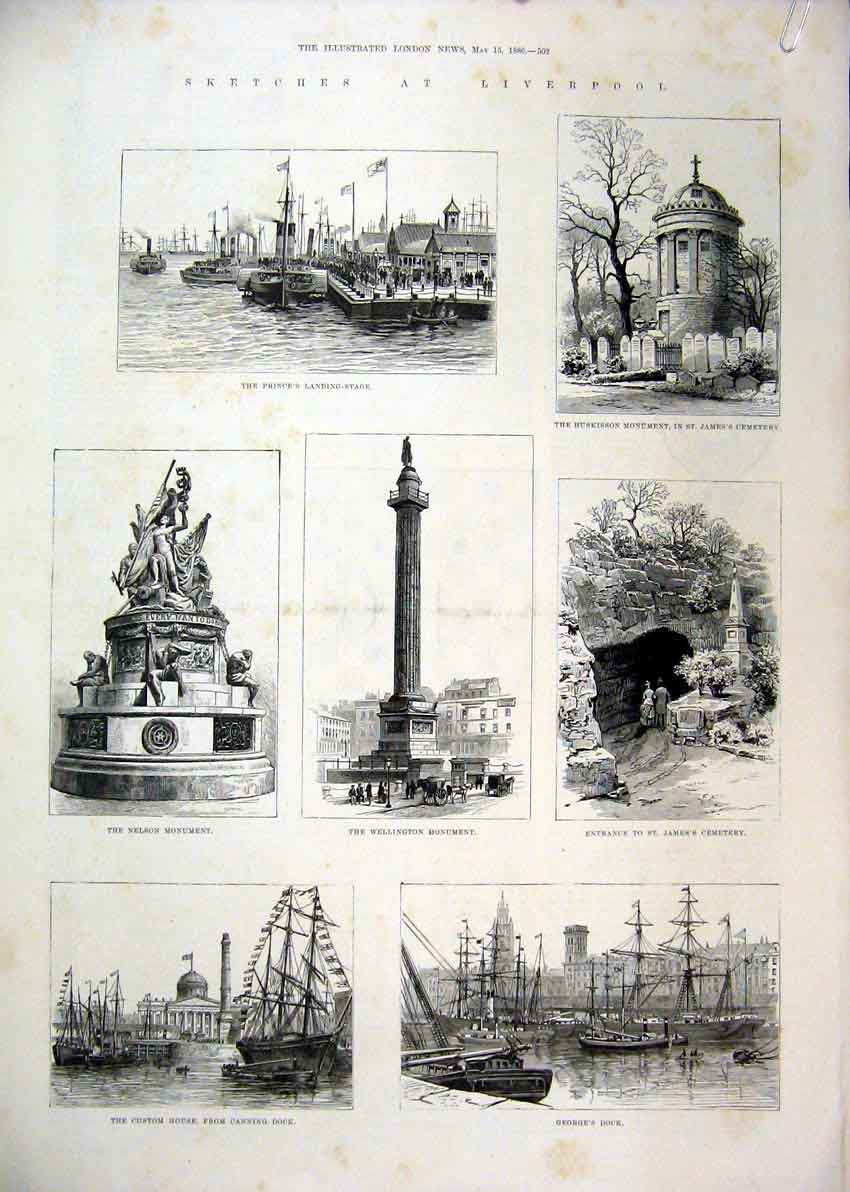 Original Old Antique Print Liverpool 1886 Nelson Wellington Cemetry Church Lime