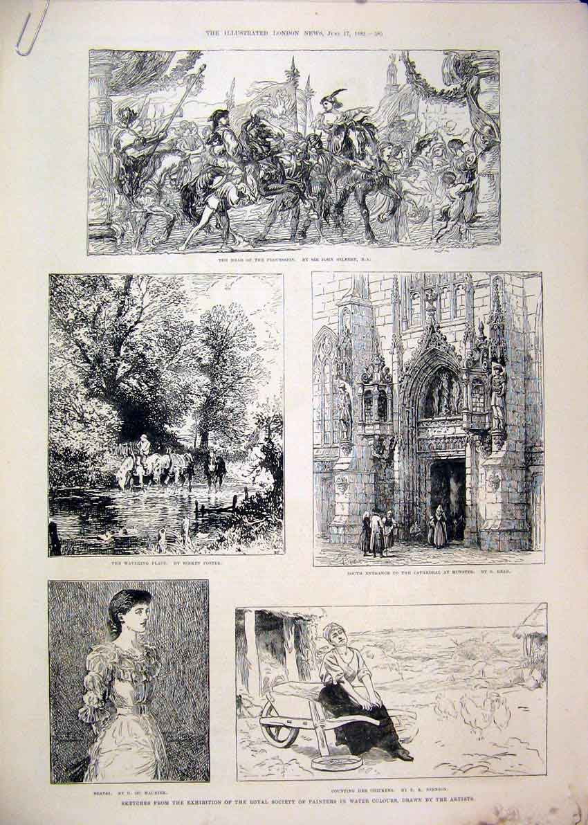 Original Old Antique Print Paris Salon 1882 Horse Cathedral Horse Water Beatri