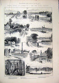 Original Old Antique Print 1884 Water Supply London Ferry Boat Reservoir Sluice