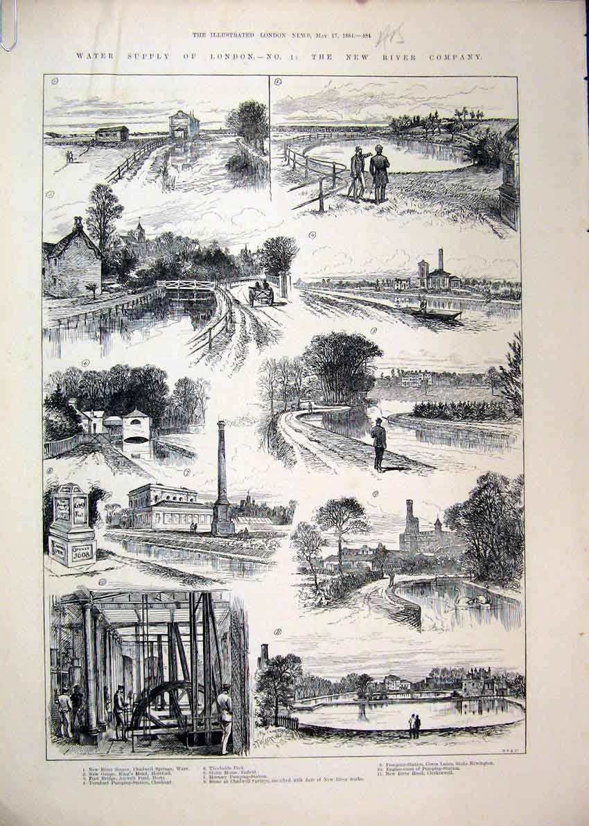 Original Old Antique Print 1884 Water Supply London Ferry Boat Reservoir Sluice