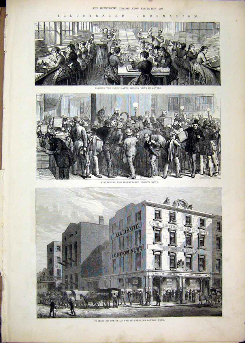 Original Old Antique Print Fice London News 1879 Machine Paper Publishing Covers