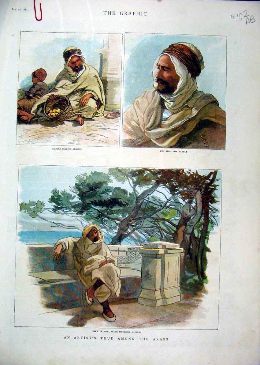 Original Old Antique Print Colour 1885 Kabyle Ben Aisa Jardin Algiers Casbah