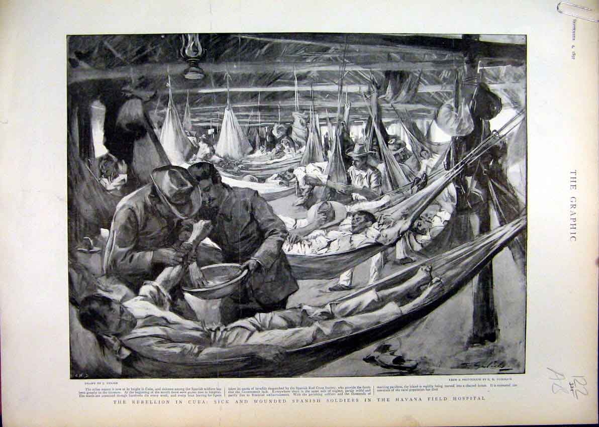 Original Old Antique Print Cuba Wounded Siers Havana Hospital 1897 Troops Body
