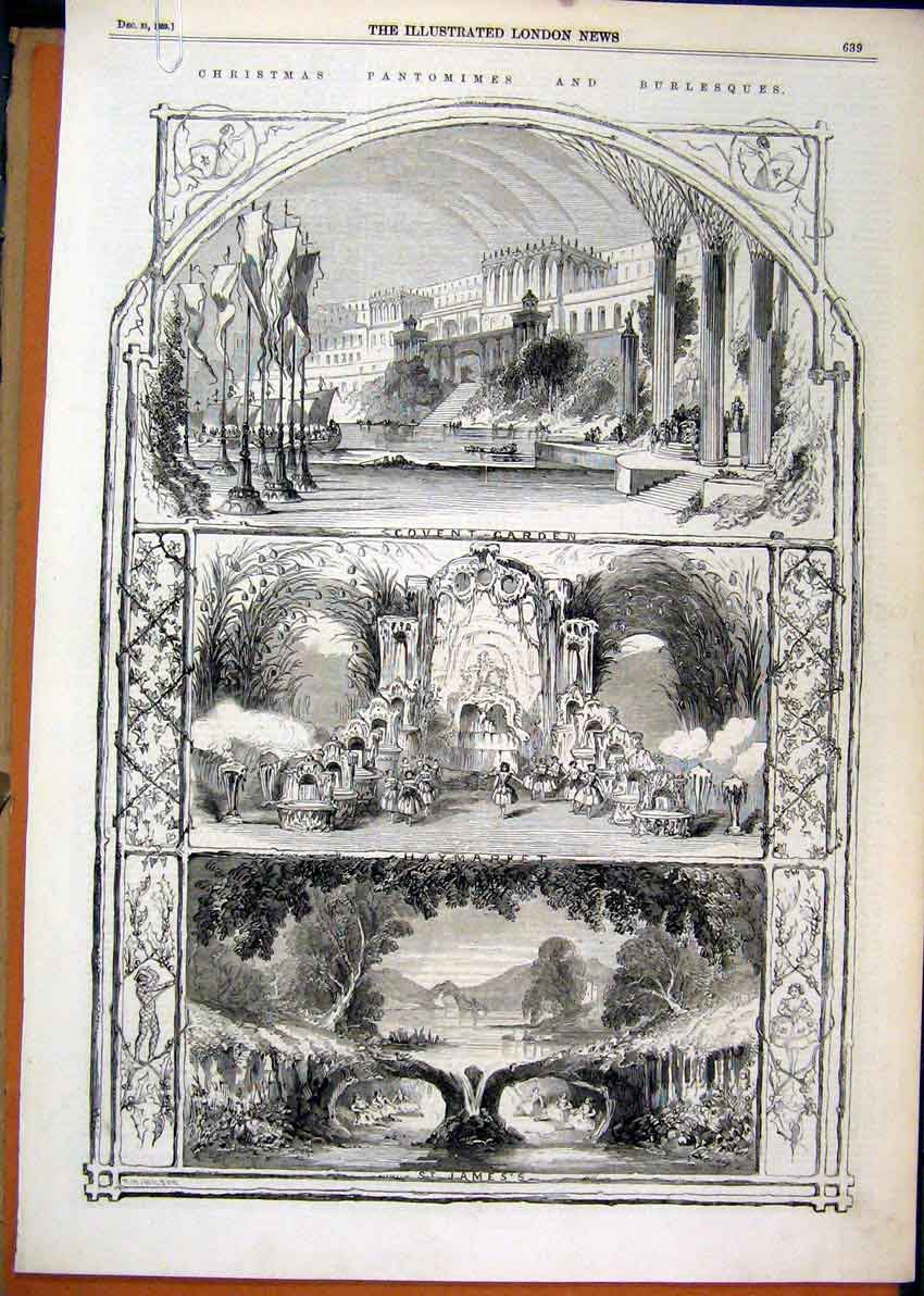 Original Old Antique Print Theatre Pantomime 1859 Covent Haymarket Drury Adelphi