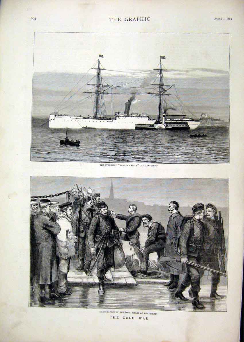 Original Old Antique Print 1879 Zulu War Steamship Durban Farm Labourers Natal