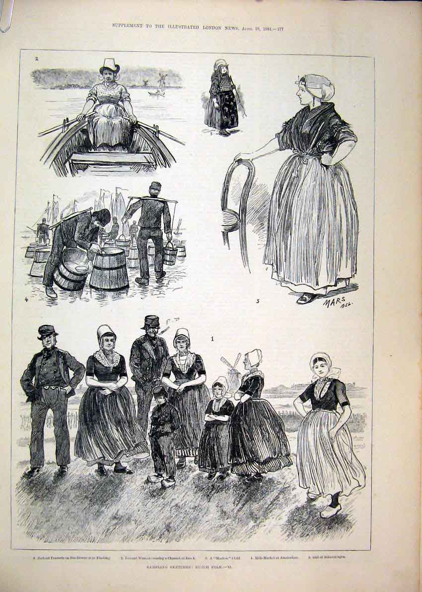 Original Old Antique Print Peasant Zeeland Boat 1884 Farmers Wife Butter Market