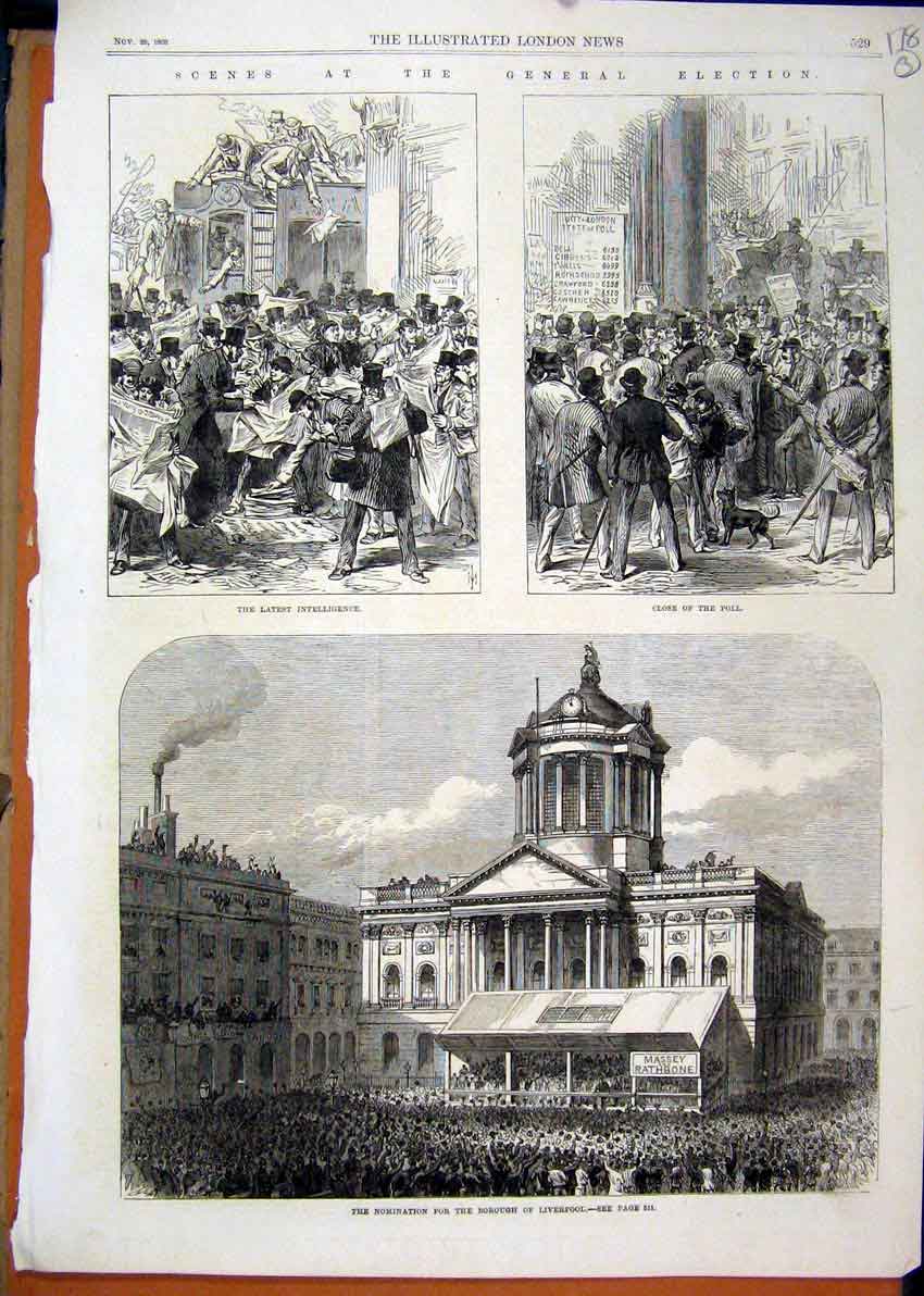 Original Old Antique Print 1868 General Election Men Voting Nomination Liverpool